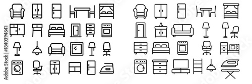 Minimal line symbols representing household furniture and domestic appliances