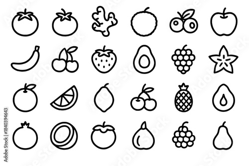Outline icons featuring various fruits, vegetables, and healthy organic produce symbols