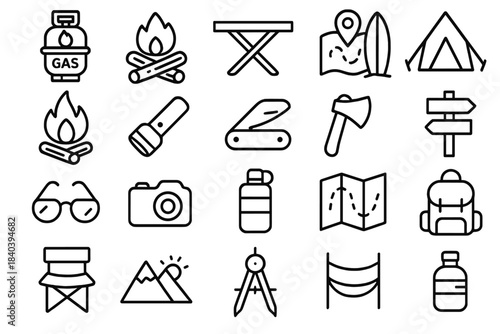 Essential equipment for outdoor adventure, camping, hiking, and survival activities represented by simple outline symbols