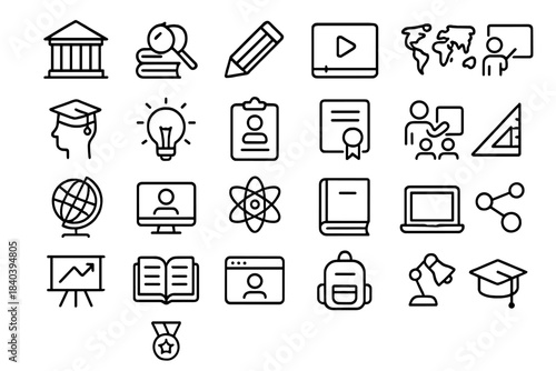 Minimalist outline symbols for education, university, online learning, and knowledge