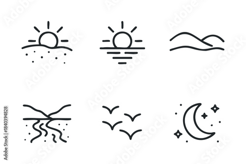 Nature elements with sun, hills, birds, and moon for design use