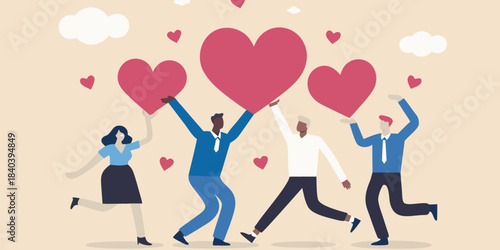 People celebrating love and togetherness with floating hearts in a joyful scene