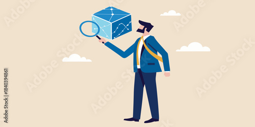 A businessman examines a glowing geometric cube with a magnifying glass
