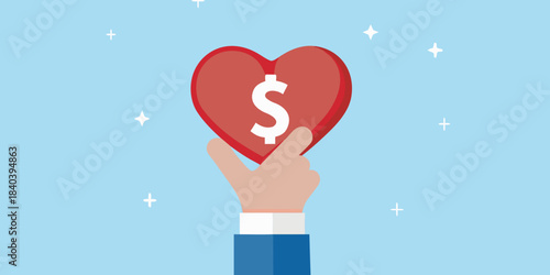 A hand offering a red heart with a dollar sign symbol inside