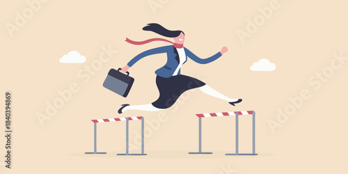 Businesswoman overcoming obstacles jumping hurdles with determination and a briefcase