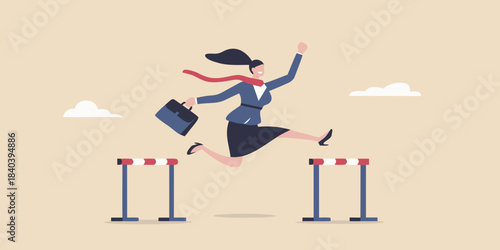 Businesswoman joyfully jumps over hurdles symbolizing overcoming challenges and achieving success