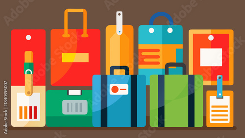 Illustration of a collection of colorful luggage pieces and tags on a brown background plane surface