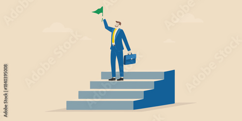 Businessman reaching the top of stairs with a green flag symbolizing success