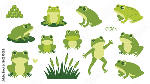 Cute Cartoon Green Frogs with Various Poses, Cattails, Eggs, Heart, and the Word Croak