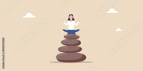 A woman meditating peacefully atop a balanced stack of stones