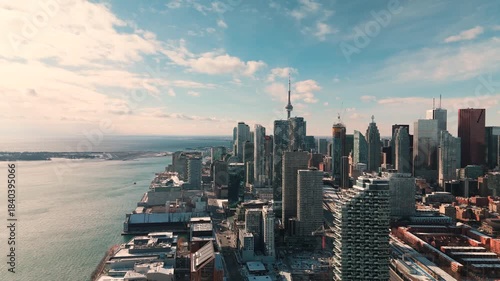 TORONTO, ONTARIO - JANUARY 1, 2025: Winter skyline and Lake Ontario from aerial perspective