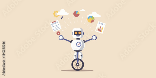 A robot skillfully juggles data charts and documents while riding a unicycle