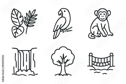 Jungle wildlife scene featuring monkey, parrot, waterfall, and trees