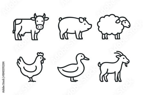 Farm animals in simple line art for educational purposes