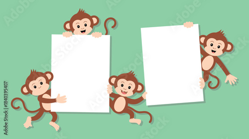 Four Cartoon Monkeys Holding Up Two Blank White Signs on a Light Green Background