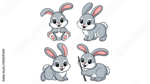 Four Cute Cartoon Rabbits Different Poses, Gray Fur, Pink Ears, Smiling, Cartoon Style Illustrations