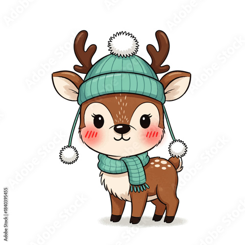 A charming cartoon baby deer wearing a cozy blue knitted hat and scarf, with rosy cheeks and big eyes, isolated on white. Perfect for winter, holiday, or children's designs.