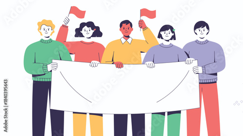 Group of Five Cartoon People Holding Blank Banner and Flags, Promoting Message Together