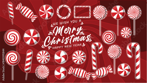 Festive merry christmas candy collection vector poster candy cane lollipop swirl red white holiday greeting card design template. Ideal for seasonal cards, invitations, banners, or digital graphics.