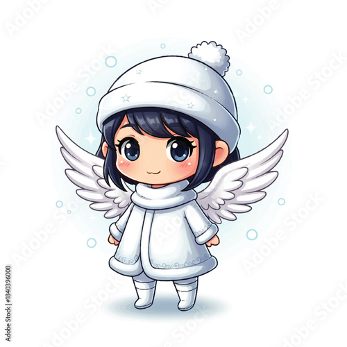 Adorable chibi angel girl in a white winter outfit with wings, surrounded by subtle sparkling elements. A sweet and innocent cartoon character perfect for holiday designs.