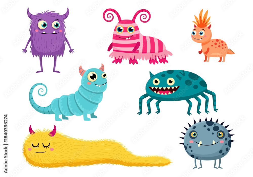 Fototapeta premium Set of cute colorful cartoon monsters, funny aliens and creatures with big eyes and different shapes