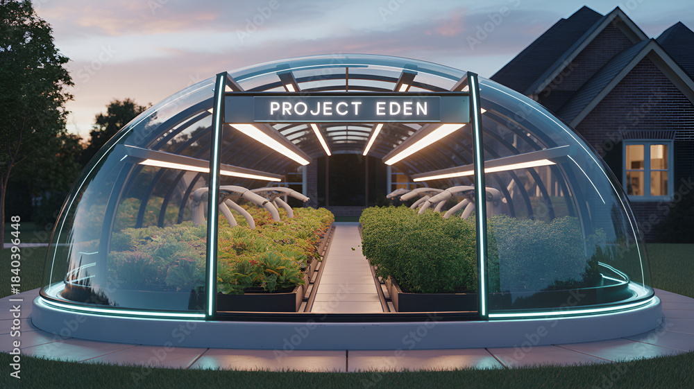 Obraz premium Futuristic greenhouse dome with transparent structure and LED lighting, smart agriculture and hydroponic farming concept, sustainable food production in urban environment, advanced eco technology, rea