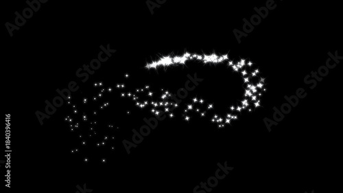White stars trail moving in a graceful curved path with floating twinkling particles and firework-style glowing dust, perfect for holiday celebration visuals on a cinematic black screen background