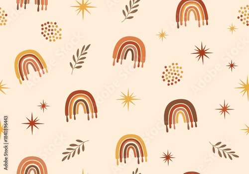 Boho abstract seamless pattern with warm tone rainbows, stars, and botanical leaves on a light beige background