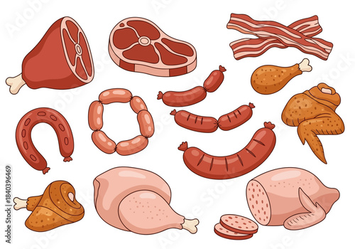 Assortment of raw meat products including steak, ham, bacon, sausages, and chicken pieces