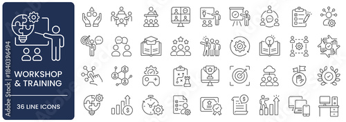 Corporate Workshop and Training Line Icon Set with Editable Stroke. Collection of seminar, coaching, education, teamwork, presentation, learning, conference, meeting, strategy, and skill symbols.