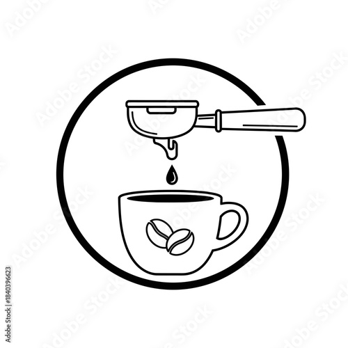 Espresso coffee making process icon, portafilter dripping coffee into a cup with beans