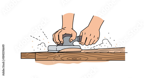 Hands using power sander on a wooden plank producing sawdust  