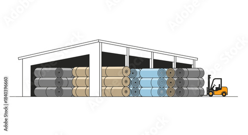 Warehouse with rolled materials and forklift on a white background  