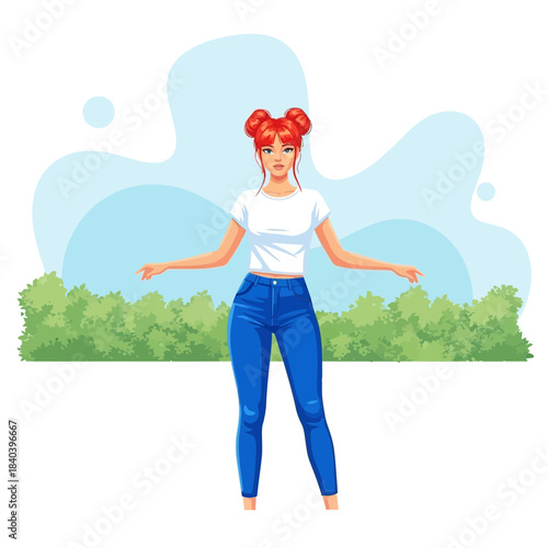 Young woman with red hair in buns wearing white crop top and blue skinny jeans standing outdoors with green bushes background