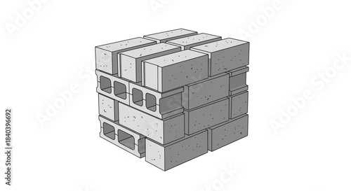 Stack of concrete building blocks in grey color on white background  