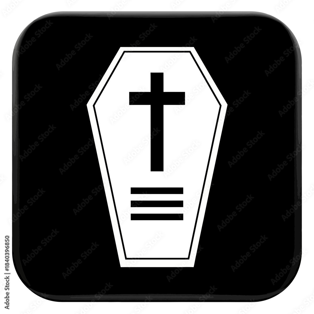 Obraz premium White coffin with a cross and lines icon on a black rounded square background, symbolizing death, funeral, mourning, religion, and final rest