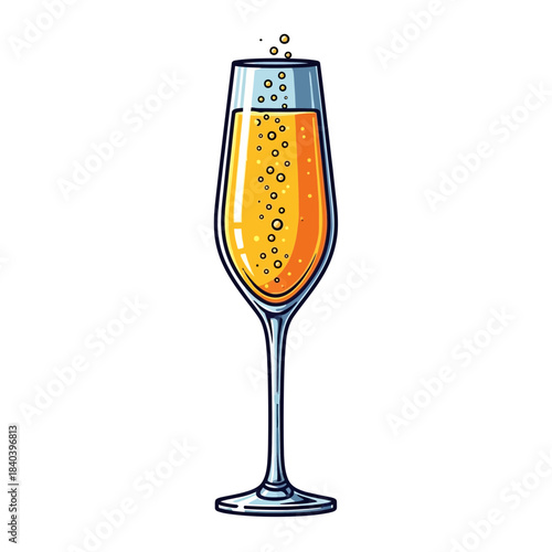 Champagne flute glass filled with sparkling yellow beverage and bubbles