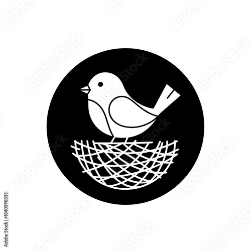 Simple black and white icon of a bird sitting in a nest inside a circle, vector graphic design