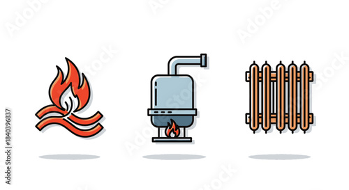 Heating System Icons - Fire, Boiler, and Radiator Illustration.