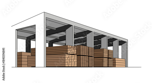 Wooden storage warehouse with stacked lumber and open design  