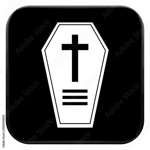 White coffin with a cross and lines icon on a black rounded square background, symbolizing death, funeral, mourning, religion, and final rest