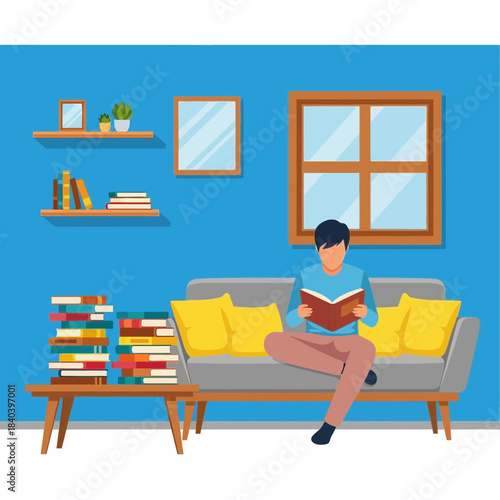 Man reading book on sofa in cozy living room with bookshelves and window