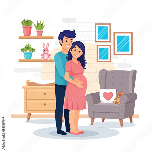 Happy pregnant couple standing together in nursery room with armchair and baby furniture illustration