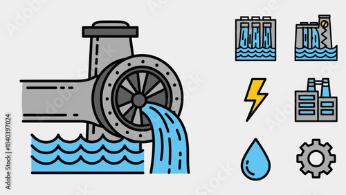 Hydroelectric Power Generation System with Water Turbine and Dam Icons.