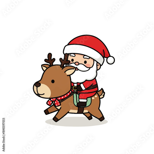 Cute cartoon Santa Claus riding a reindeer, perfect for Christmas and holiday designs and festive celebrations.