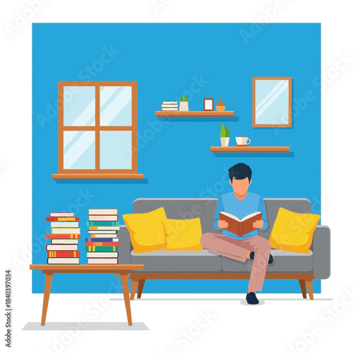 Man sitting on sofa reading book in living room with window and shelves, illustration of leisure time and relaxation at home