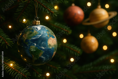 Earth ornament on holiday tree with planetary decorations at christmas