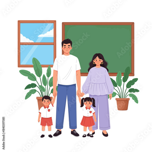 Happy family of four standing together in front of a window and a chalkboard, parents with son and daughter