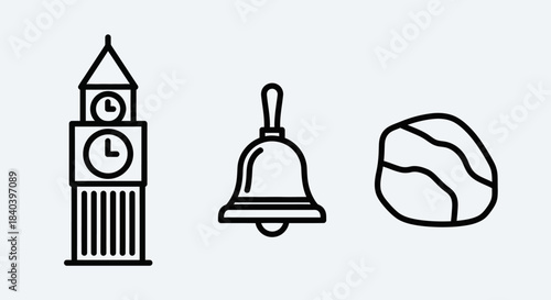 Iconic Symbols - Big Ben, Bell, and Stone Line Art.