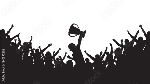 a jubilant crowd celebrating a victory with arms raised and a trophy held high in a dark silhouette on transparent background high quality professional detailed modern